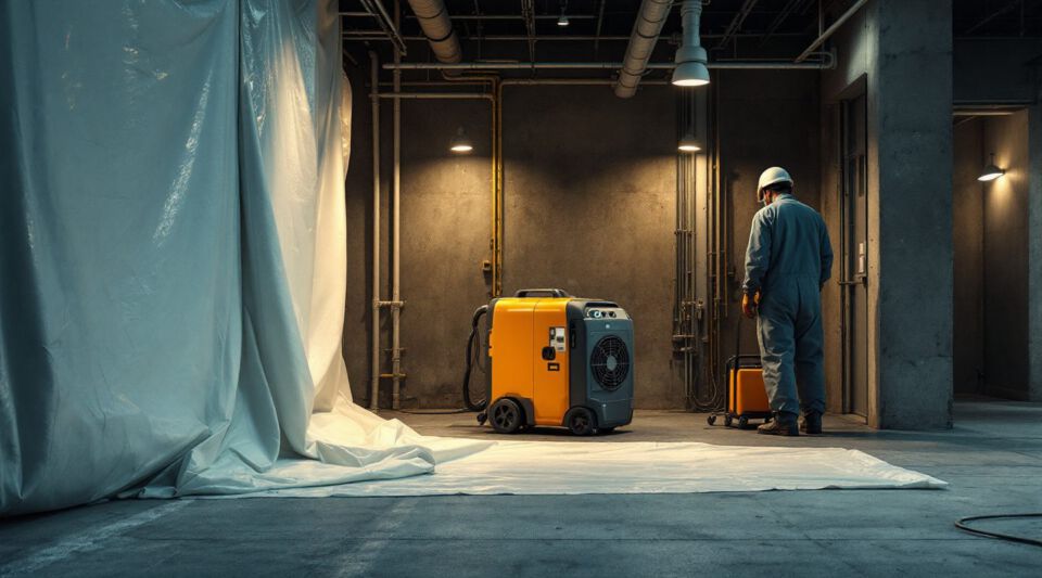 A wide shot of a basement interior undergoing mold remediation, showing yellow containment barriers, plastic sheeting, and industrial air scrubbers.